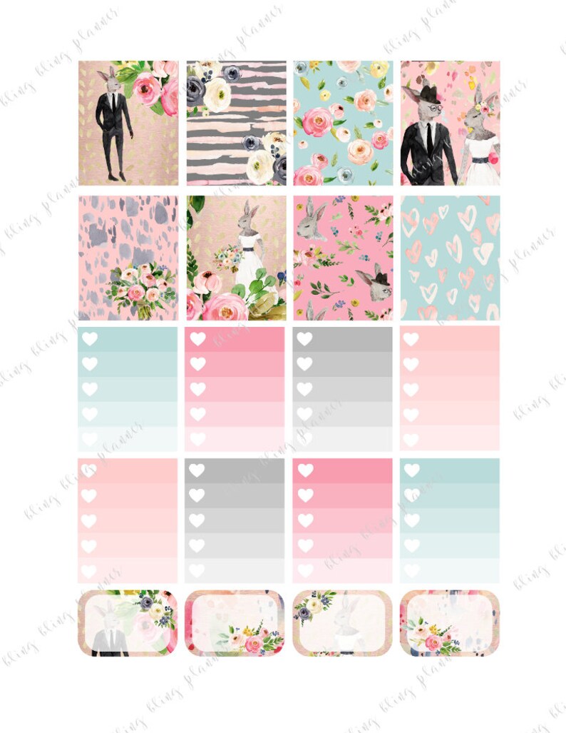 May include: A set of 15 printable planner stickers featuring a watercolor floral theme with bunnies, hearts, and a couple in wedding attire. The stickers are in shades of pink, blue, and gray.