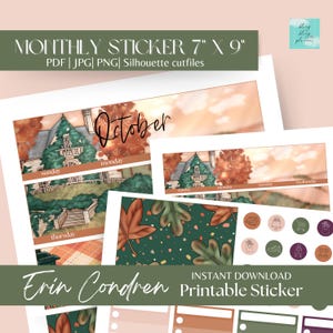 May include: Printable sticker sheet for a monthly planner featuring an illustrated autumn scene with a house, trees, and leaves. The sheet includes a title banner that says "October", individual day boxes, and decorative elements. The sticker sheet is 7 inches by 9 inches and is available in PDF, JPG, and PNG formats.