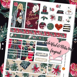May include: A set of Christmas-themed planner stickers featuring a woman in a winter coat, a stack of books, a gift box, and a variety of festive designs. The stickers are printed on white paper with a glossy finish.