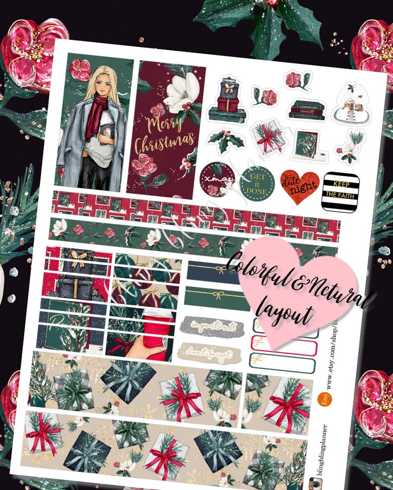 May include: A set of Christmas-themed planner stickers featuring a woman in a winter coat, a stack of books, a gift box, and a variety of festive designs. The stickers are printed on white paper with a glossy finish.