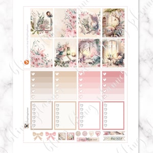 May include: A set of printable planner stickers featuring watercolor illustrations of books, flowers, and cozy scenes. The stickers include a variety of shapes and sizes, including boxes, banners, and hearts. The stickers are perfect for adding a touch of whimsy and personality to your planner.