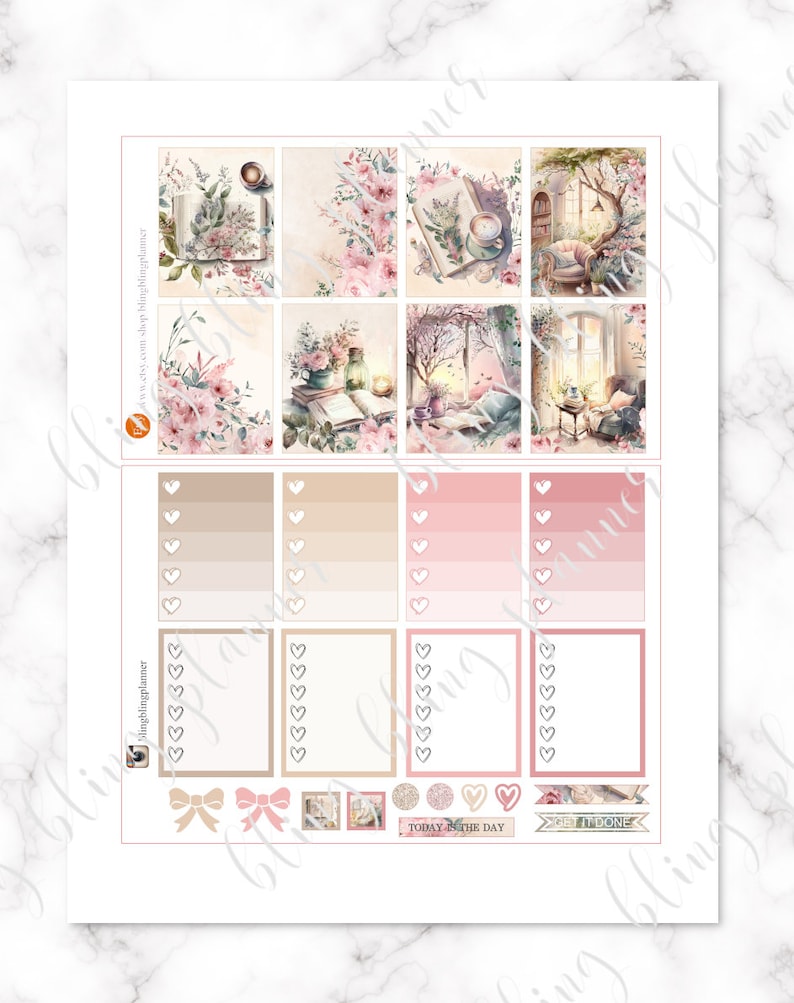 May include: A set of printable planner stickers featuring watercolor illustrations of books, flowers, and cozy scenes. The stickers include a variety of shapes and sizes, including boxes, banners, and hearts. The stickers are perfect for adding a touch of whimsy and personality to your planner.