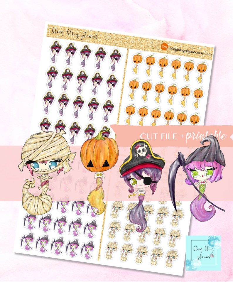 May include: Printable Halloween themed stickers featuring cute cartoon mermaids dressed as a mummy, pirate, and witch. The stickers are in a variety of poses and include pumpkins, skulls, and other Halloween imagery. The text "CUT FILE + printable" is included in the image.