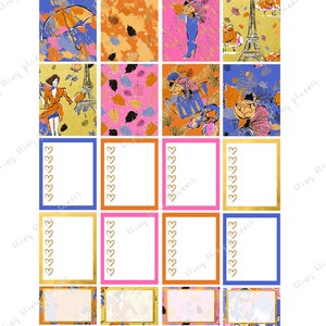 May include: A sheet of planner stickers with colourful illustrations of umbrellas, the Eiffel Tower, and floral designs. The stickers feature a variety of shapes, including rectangular boxes with heart accents and smaller rectangular labels.