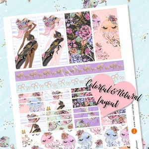 May include: A set of colorful planner stickers featuring a floral and jellyfish theme. The stickers include a woman in a floral hat, a floral pattern, and a jellyfish with a floral crown. The text "Colorful & Natural Layout" is included in the image.