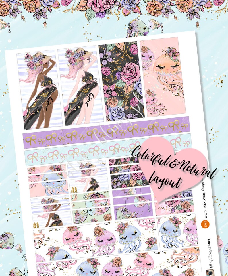 May include: A set of colorful planner stickers featuring a floral and jellyfish theme. The stickers include a woman in a floral hat, a floral pattern, and a jellyfish with a floral crown. The text "Colorful & Natural Layout" is included in the image.