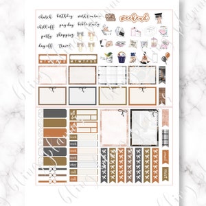 May include: A set of printable planner stickers with a brown, white, and black color scheme. The stickers feature various text labels, including "church", "birthday", "work from home", "chill off", "pay day", "bible study", "party", "shopping", "day off", "travel", "me time", "weekend", "bill due", "work", "etsy", "call", "email", and "meet".
