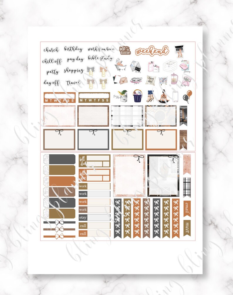 May include: A set of printable planner stickers with a brown, white, and black color scheme. The stickers feature various text labels, including "church", "birthday", "work from home", "chill off", "pay day", "bible study", "party", "shopping", "day off", "travel", "me time", "weekend", "bill due", "work", "etsy", "call", "email", and "meet".
