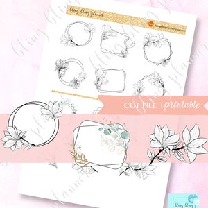 May include: Printable planner stickers featuring black and white line drawings of magnolia flowers and leaves in various frame shapes. The frames are circular, square, and geometric. The text "CUT FILE + printable" is included on the sheet.