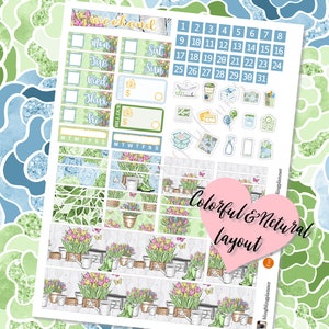 May include: A planner sticker sheet with a floral theme, featuring tulips, butterflies, and gardening elements. The design includes weekly layouts, date boxes, and decorative elements in pastel colors. The text "Weekend" and "Colorful & Netural layout" are visible.