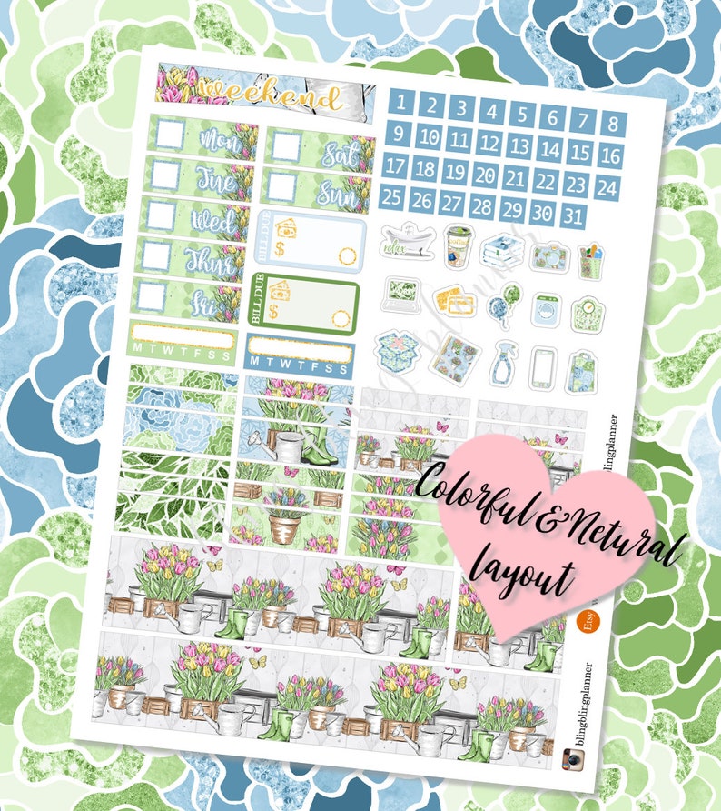 May include: A planner sticker sheet with a floral theme, featuring tulips, butterflies, and gardening elements. The design includes weekly layouts, date boxes, and decorative elements in pastel colors. The text "Weekend" and "Colorful & Netural layout" are visible.