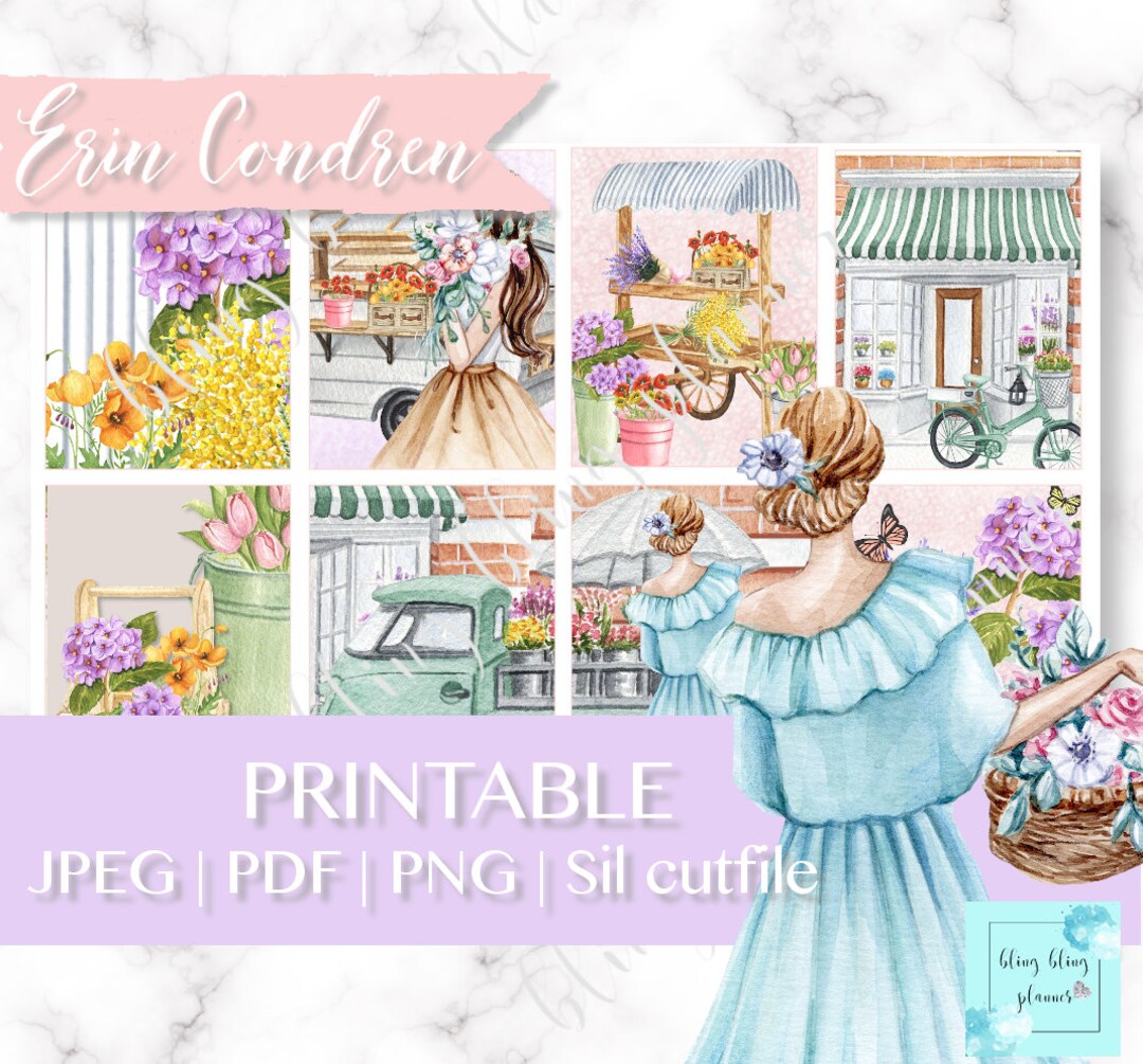 FLORAL PRINTABLE PLANNER Stickers, Flower Market Erin Condren Kit ...