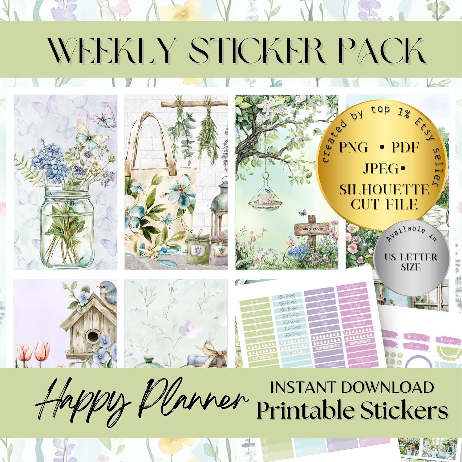 Happy Planner Printable Planner Sticker, Watercolor Spring Garden ...