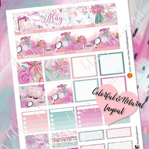 Peut inclure: Une feuille d'autocollants de planificateur imprimable avec un sch&eacute;ma de couleurs rose et vert. La feuille comprend un calendrier pour juin 2019, un planificateur hebdomadaire avec les jours de la semaine &eacute;tiquet&eacute;s et plusieurs cases vides pour des notes ou des listes de t&acirc;ches. La feuille comprend &eacute;galement une banni&egrave;re d&eacute;corative avec le mot "Mai" et un motif floral. Le texte "Colorful & Netural layout" est &eacute;galement inclus sur la feuille.