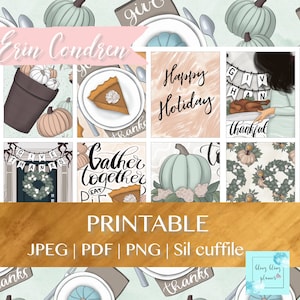 May include: Printable planner stickers with a Thanksgiving theme. The stickers feature pumpkins, pie, a turkey, and the words "Give Thanks", "Happy Holiday", "Gather Together", and "Thankful".