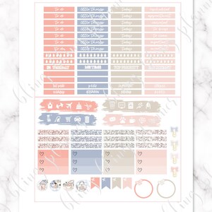 May include: A set of planner stickers with a pink, blue, and beige color scheme. The stickers feature various designs, including hearts, bows, and text boxes. The text on the stickers includes "To do", "Little things", "Today", "Rescheduled", "Appointment", "Canceled", "To buy", "To clean", "Important", "Meet time", "Top priority", "Important", "Off work", "Work", "Important", "Fitness", "Planning", "Afternoon", "Evening", "#goals", and "Tuesday".