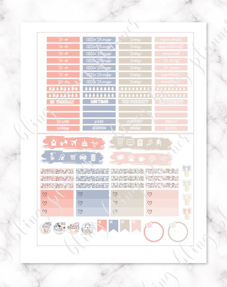 May include: A set of planner stickers with a pink, blue, and beige color scheme. The stickers feature various designs, including hearts, bows, and text boxes. The text on the stickers includes "To do", "Little things", "Today", "Rescheduled", "Appointment", "Canceled", "To buy", "To clean", "Important", "Meet time", "Top priority", "Important", "Off work", "Work", "Important", "Fitness", "Planning", "Afternoon", "Evening", "#goals", and "Tuesday".