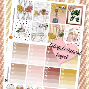 Op de afbeelding: Een set kleurrijke en neutrale planner stickers met verschillende ontwerpen, waaronder stoelen, planten, een vrouw die een selfie maakt en een laptop. De stickers zijn gerangschikt in een raster op een witte achtergrond. De tekst "Colorful & Neutral Layout" is geschreven in een roze hart.