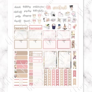 May include: A printable planner sticker sheet with a pink and brown color scheme. The sheet includes various stickers with text such as "church", "birthday", "work from home", "chill off", "pay day", "bible study", "party", "shopping", "day off", "travel", "life time", "weekend", "bill due", "work", "etsy", "call", "email", "meet", and "MTWTFSS".
