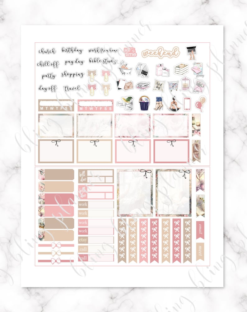 May include: A printable planner sticker sheet with a pink and brown color scheme. The sheet includes various stickers with text such as "church", "birthday", "work from home", "chill off", "pay day", "bible study", "party", "shopping", "day off", "travel", "life time", "weekend", "bill due", "work", "etsy", "call", "email", "meet", and "MTWTFSS".