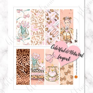 Puede incluir: Un conjunto de seis pegatinas imprimibles para planificador con una variedad de dise&ntilde;os, que incluyen estampado de leopardo, arreglos florales y una mujer sosteniendo una taza de caf&eacute;. Las pegatinas est&aacute;n dise&ntilde;adas en un esquema de color rosa, marr&oacute;n y dorado. El texto "Colorful & Natural Layout" est&aacute; incluido en la imagen.