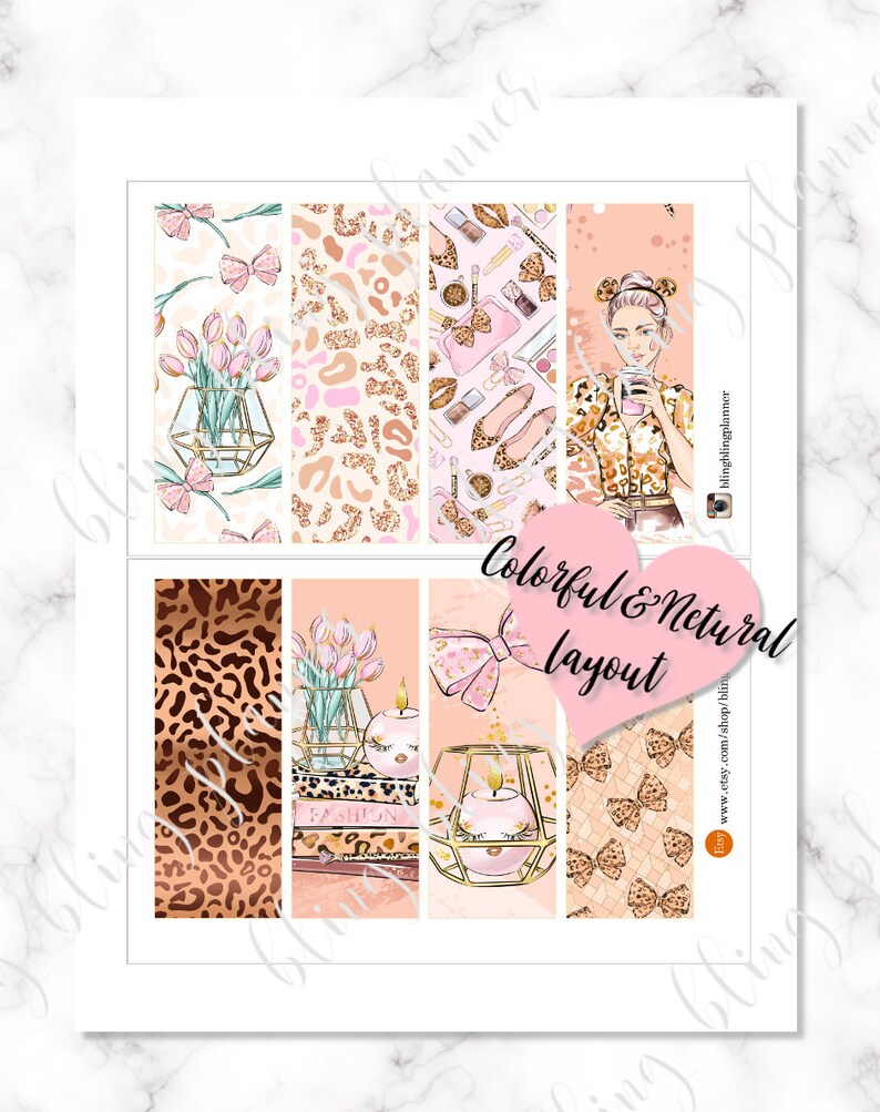 Puede incluir: Un conjunto de seis pegatinas imprimibles para planificador con una variedad de dise&ntilde;os, que incluyen estampado de leopardo, arreglos florales y una mujer sosteniendo una taza de caf&eacute;. Las pegatinas est&aacute;n dise&ntilde;adas en un esquema de color rosa, marr&oacute;n y dorado. El texto "Colorful & Natural Layout" est&aacute; incluido en la imagen.