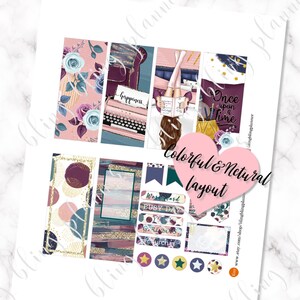 May include: A set of colorful planner stickers with a floral, geometric, and abstract design. The stickers include phrases like "happiness", "once upon a time", "work hard", "busy day", "girl boss", and "church".