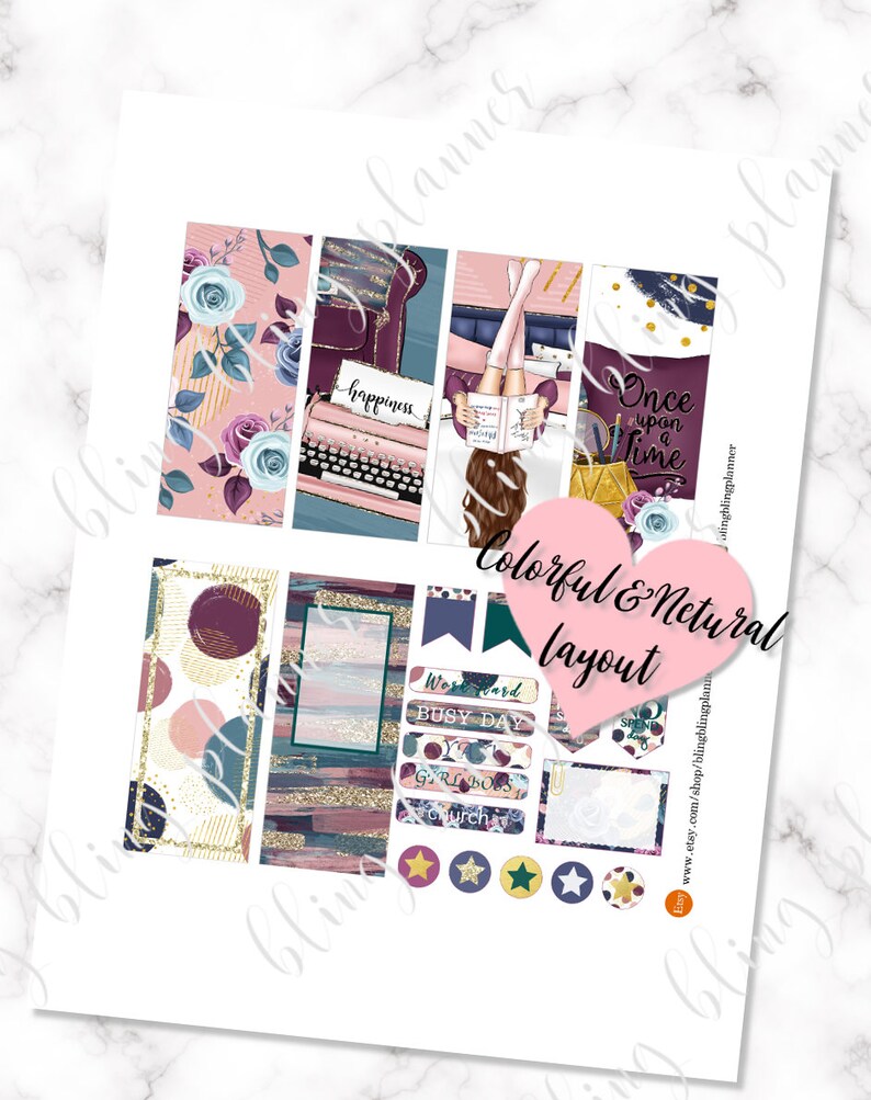 May include: A set of colorful planner stickers with a floral, geometric, and abstract design. The stickers include phrases like "happiness", "once upon a time", "work hard", "busy day", "girl boss", and "church".