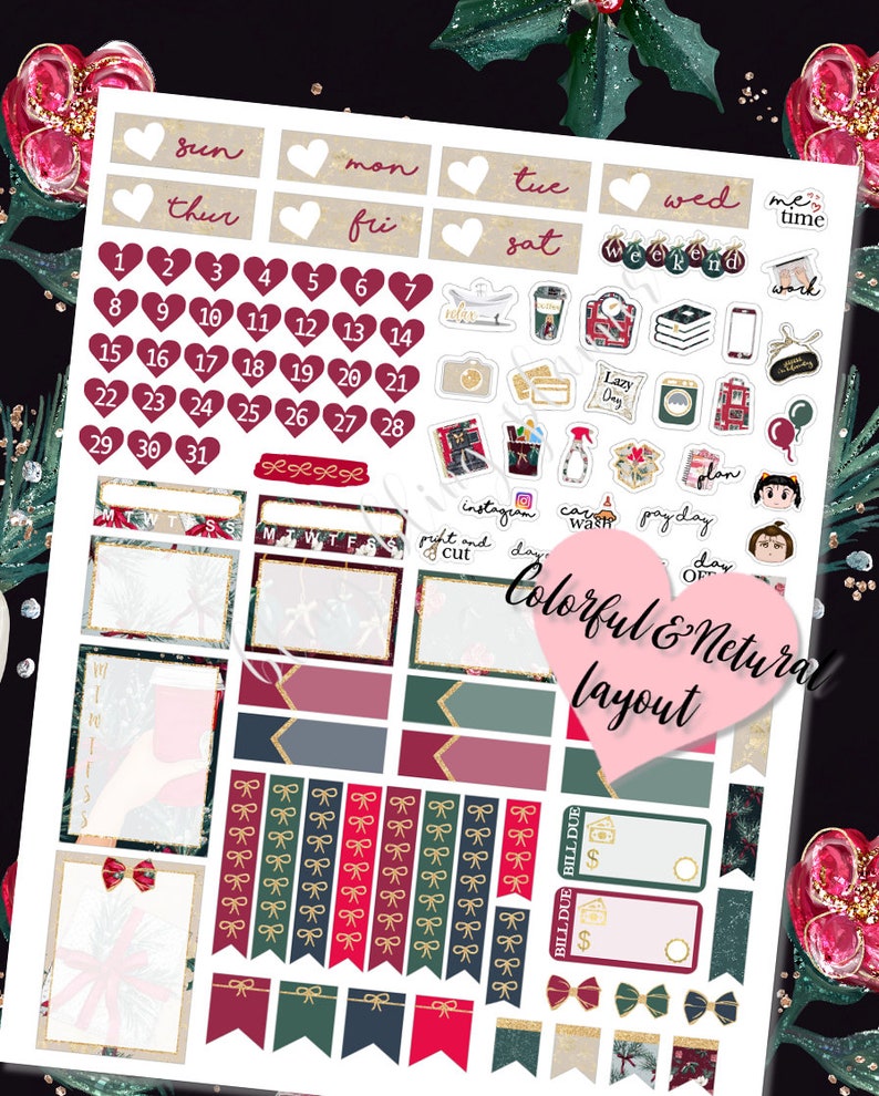May include: A set of Christmas-themed planner stickers featuring a calendar, days of the week, and various festive icons. The stickers are in shades of red, green, gold, and white with a glittery finish.