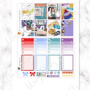May include: A set of planner stickers featuring illustrations from the TV show Friends. The stickers include images of the main characters, iconic locations, and quotes from the show. There are also blank boxes for writing notes and a "Today is the Day" sticker.