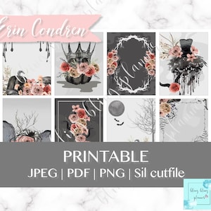 May include: Printable digital planner stickers featuring a black and white spooky Halloween theme with floral accents, a crown, a pumpkin, a moon, a tree, and a dress. The text "Erin Condren" and "Printable" are included in the image.