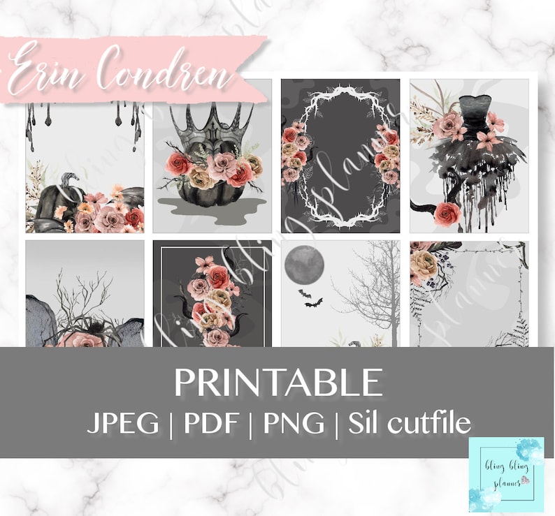 May include: Printable digital planner stickers featuring a black and white spooky Halloween theme with floral accents, a crown, a pumpkin, a moon, a tree, and a dress. The text "Erin Condren" and "Printable" are included in the image.