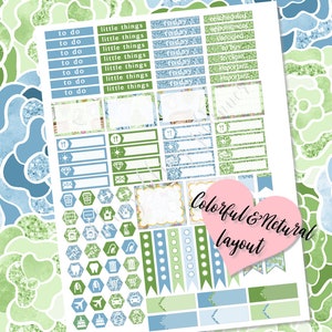 May include: A planner sticker sheet with a colorful and natural layout. The stickers are in shades of blue and green, with various shapes and icons for scheduling and organization. The text includes "to do", "little things", and "today".