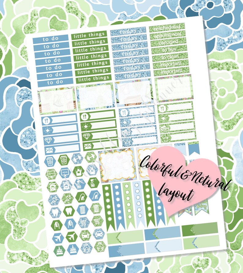 May include: A planner sticker sheet with a colorful and natural layout. The stickers are in shades of blue and green, with various shapes and icons for scheduling and organization. The text includes "to do", "little things", and "today".