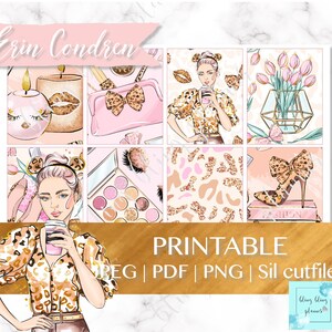 Puede incluir: Pegatinas imprimibles para planificador con una mujer con un atuendo de estampado de leopardo, una paleta de maquillaje, una vela, un bolso, un ramo de tulipanes rosas y un zapato de tac&oacute;n alto con un lazo. Las pegatinas est&aacute;n dise&ntilde;adas en un esquema de color rosa y dorado.