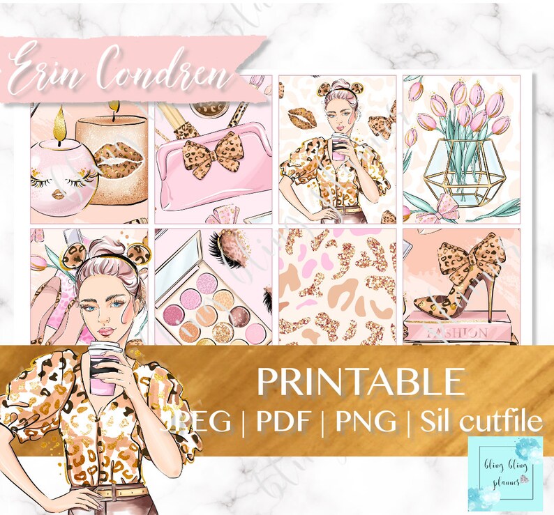 Puede incluir: Pegatinas imprimibles para planificador con una mujer con un atuendo de estampado de leopardo, una paleta de maquillaje, una vela, un bolso, un ramo de tulipanes rosas y un zapato de tac&oacute;n alto con un lazo. Las pegatinas est&aacute;n dise&ntilde;adas en un esquema de color rosa y dorado.