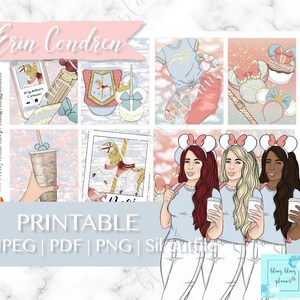 May include: Printable planner stickers featuring a carousel horse, a coffee cup, a Mickey Mouse ear headband, and a woman wearing a blue shirt and white pants. The stickers are designed in a pink and blue color scheme with glitter accents.