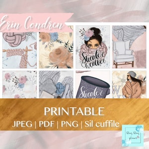 Puede incluir: Pegatinas imprimibles para planificador con tem&aacute;tica invernal con ilustraciones de una mujer con un su&eacute;ter, una taza, una manta de punto y una silla. El texto "Sweater Weather" est&aacute; incluido en el dise&ntilde;o.