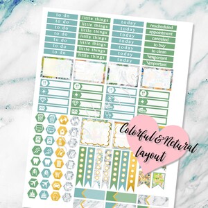 May include: A set of colorful planner stickers with a marble background. The stickers feature various designs, including to-do lists, checkboxes, and icons for different activities. The text "Colorful & Natural Layout" is also included.