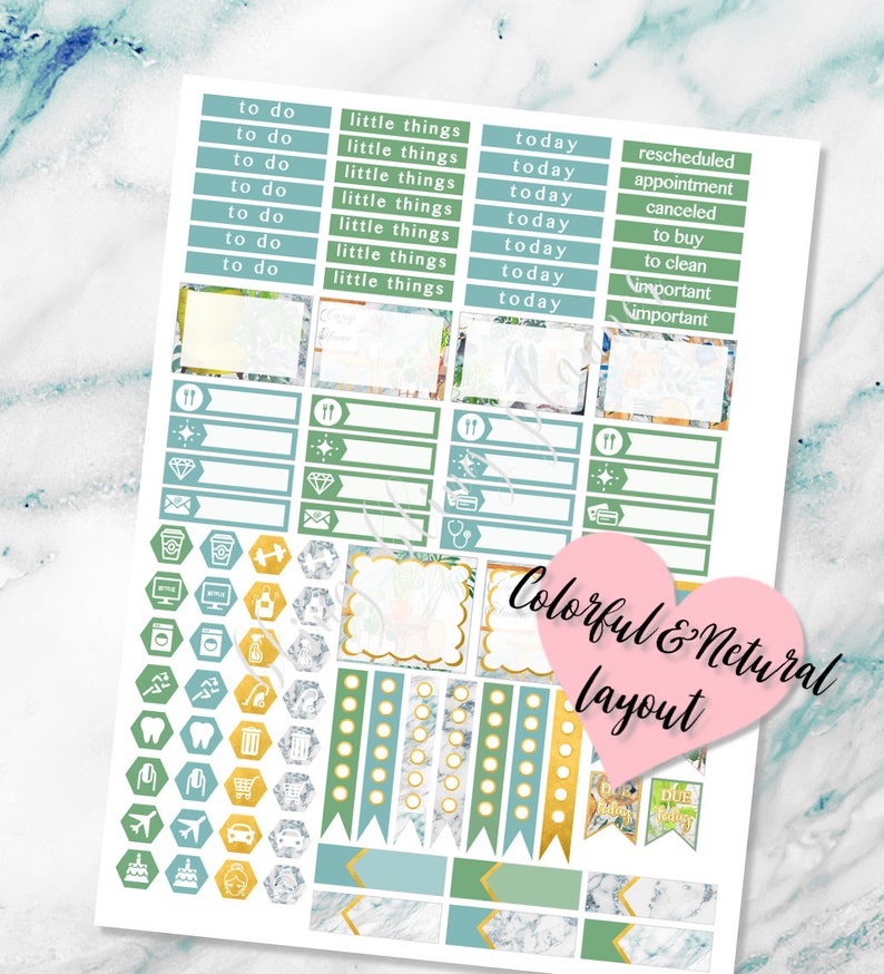 May include: A set of colorful planner stickers with a marble background. The stickers feature various designs, including to-do lists, checkboxes, and icons for different activities. The text "Colorful & Natural Layout" is also included.