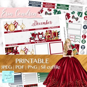 Puede incluir: Planificador de diciembre imprimible con un tema navideño rojo y dorado con una mujer con un vestido rojo y purpurina dorada. El planificador incluye un calendario, casillas para tareas diarias y una sección para notas. El planificador está disponible en formatos JPEG, PDF y PNG.