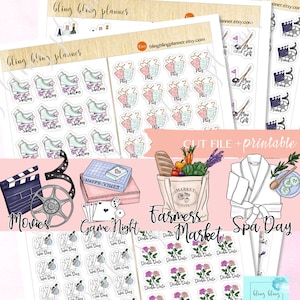 May include: A set of printable planner stickers featuring various activities and themes, including movies, game night, farmers market, spa day, double date, and roller skating. The stickers are white with black outlines and colorful illustrations.