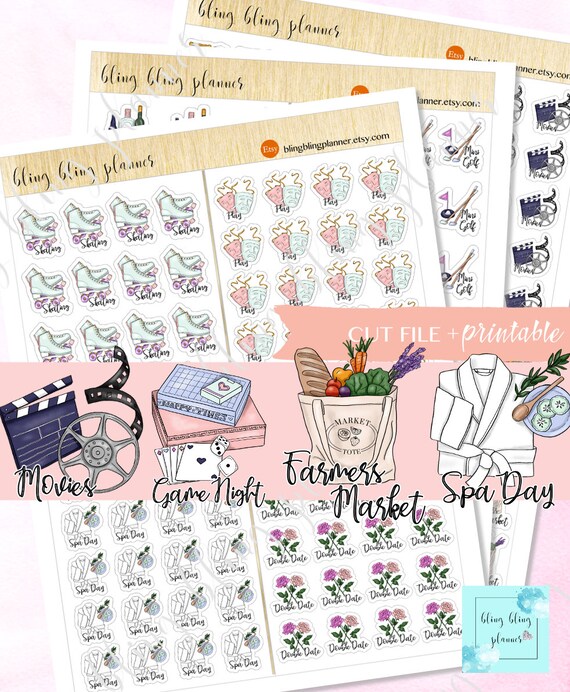 PRINTABLE PLANNER ICON Stickers, Printable planning Stickers, Spa Day stickers, functional planner deco, movie stickers, cutfiles, game deco