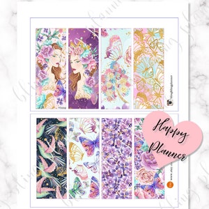 May include: Eight printable planner stickers featuring a variety of floral and butterfly designs. The stickers are in shades of purple, pink, blue, and gold. The text "Happy Planner" is visible in the bottom right corner.
