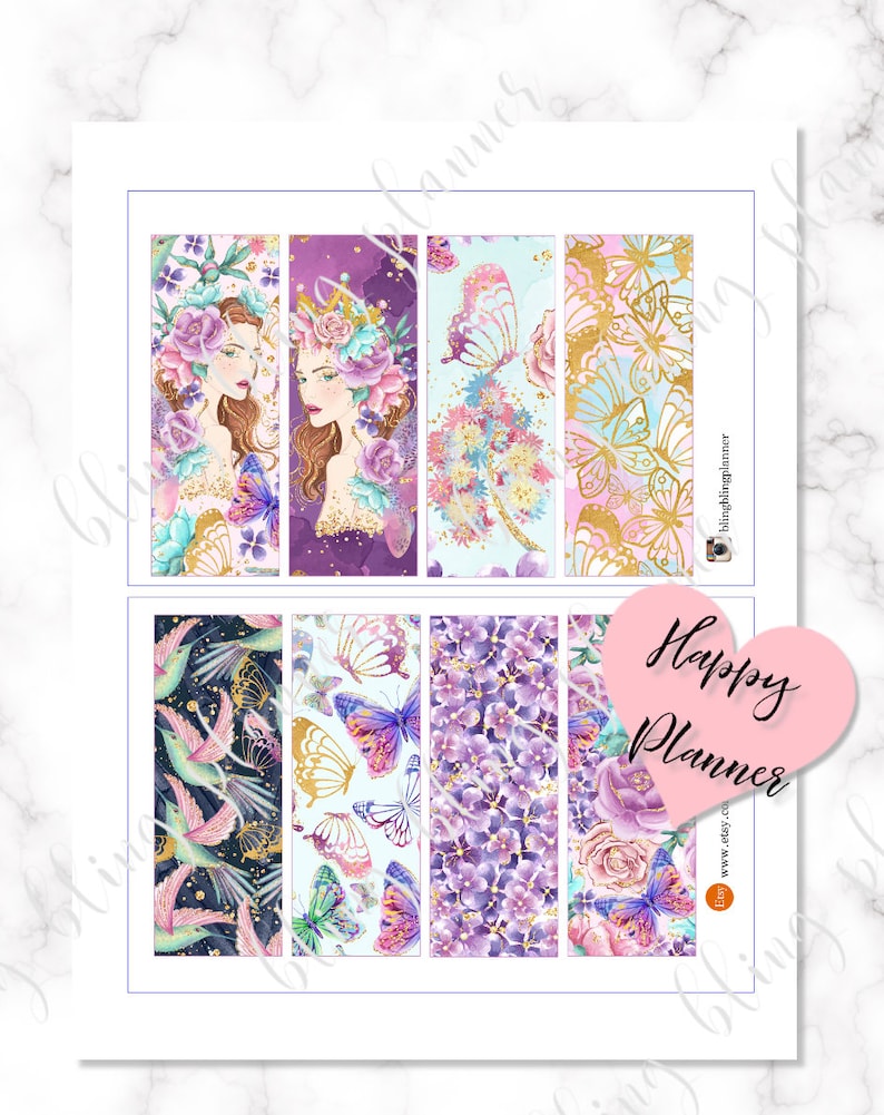 May include: Eight printable planner stickers featuring a variety of floral and butterfly designs. The stickers are in shades of purple, pink, blue, and gold. The text "Happy Planner" is visible in the bottom right corner.