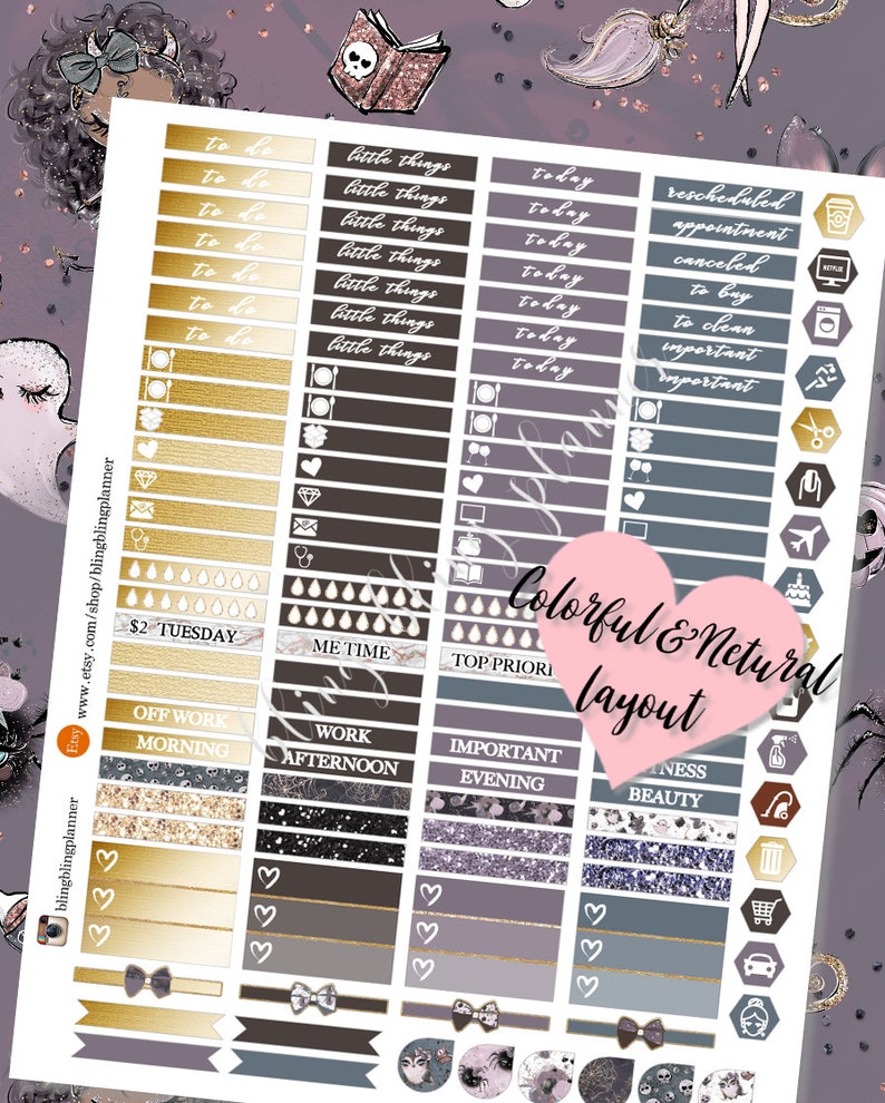May include: A set of colorful planner stickers with various designs, including hearts, bows, and text. The stickers are arranged in rows on a white background. The text on the stickers includes "to do", "little things", "today", "rescheduled", "appointment", "canceled", "to buy", "to clean", "important", "$2 Tuesday", "Me Time", "Top Priority", "Off Work Morning", "Work Afternoon", "Important Evening", "Business Beauty".