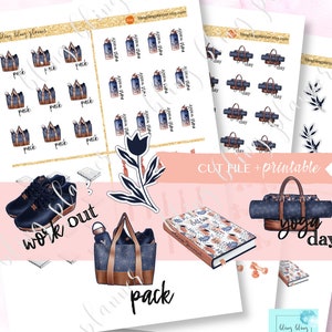 May include: A set of printable planner stickers featuring a blue and brown color scheme. The stickers include a yoga mat, a water bottle, a gym bag, a journal, and a floral design. The text "work out" and "yoga day" are also included.