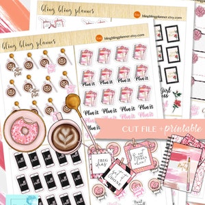 May include: A set of printable planner stickers featuring pink and gold accents. The stickers include images of coffee cups, donuts, phones, and motivational quotes like "Plan it" and "Treat yourself good".
