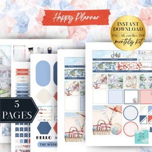 以下が含まれることがあります： 水彩デザインのデジタルダウンロードHappy Planner月間キット。キットには、ステッカー、装飾的な形、プランナーページなど、さまざまな要素を含む5ページが含まれています。デザインは、赤、白、青の色を使用したビーチをテーマにしています。