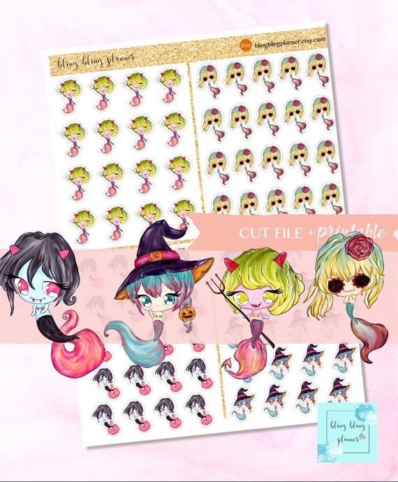PRINTABLE HALLOWEEN Stickers, Cute Halloween deco, printable stickers halloween, printable halloween mermaid, goodnotes stickers, 2 dollars
